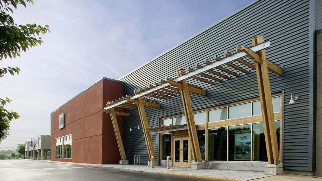 Modern entrance with architectural canopy