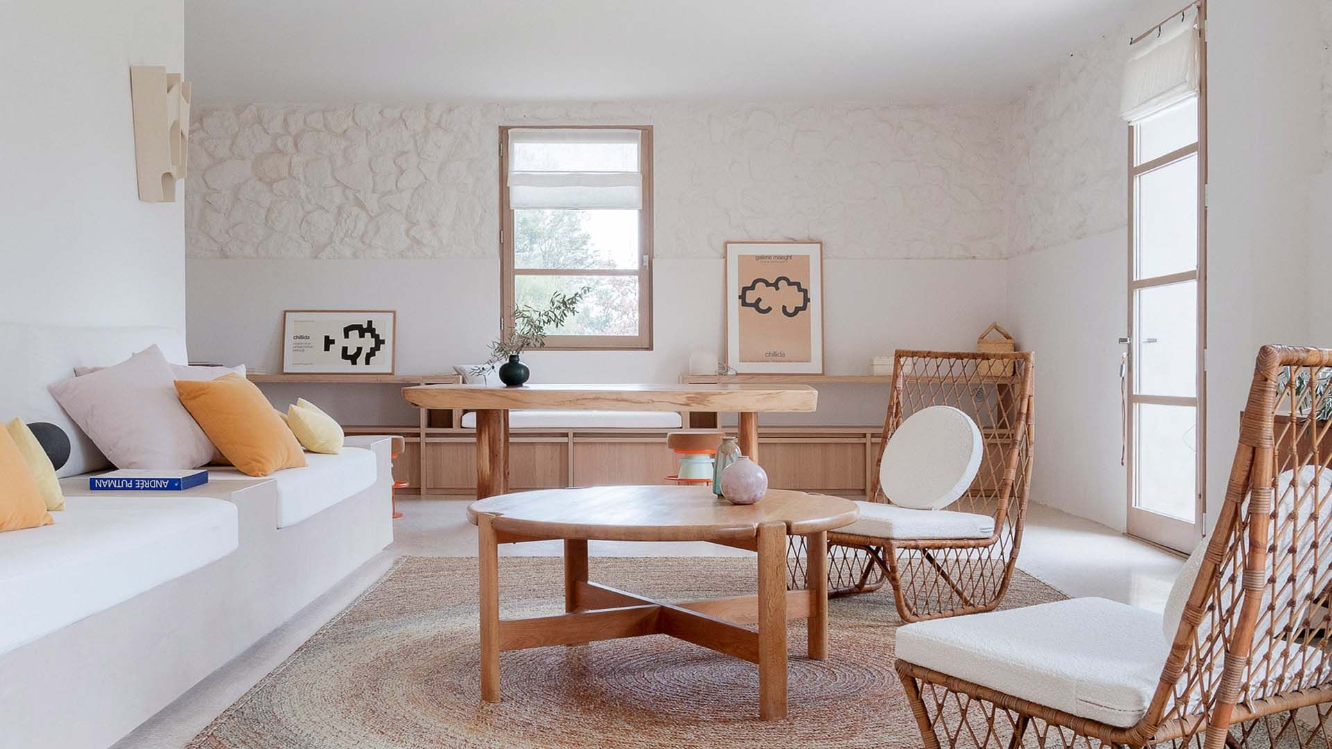 Light, modern living room with wood accents and soft neutral palette
